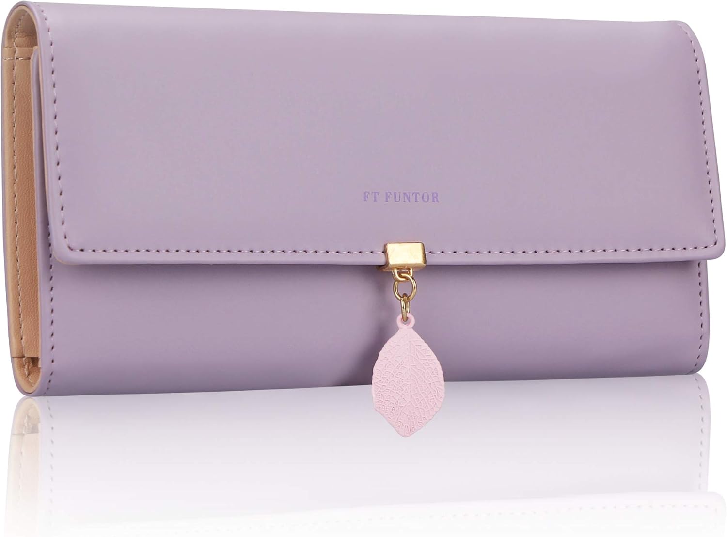 FT FUNTOR PU Leather Wallet for Women RFID Blocking Ladies Leaf Pendant Coin Zip...