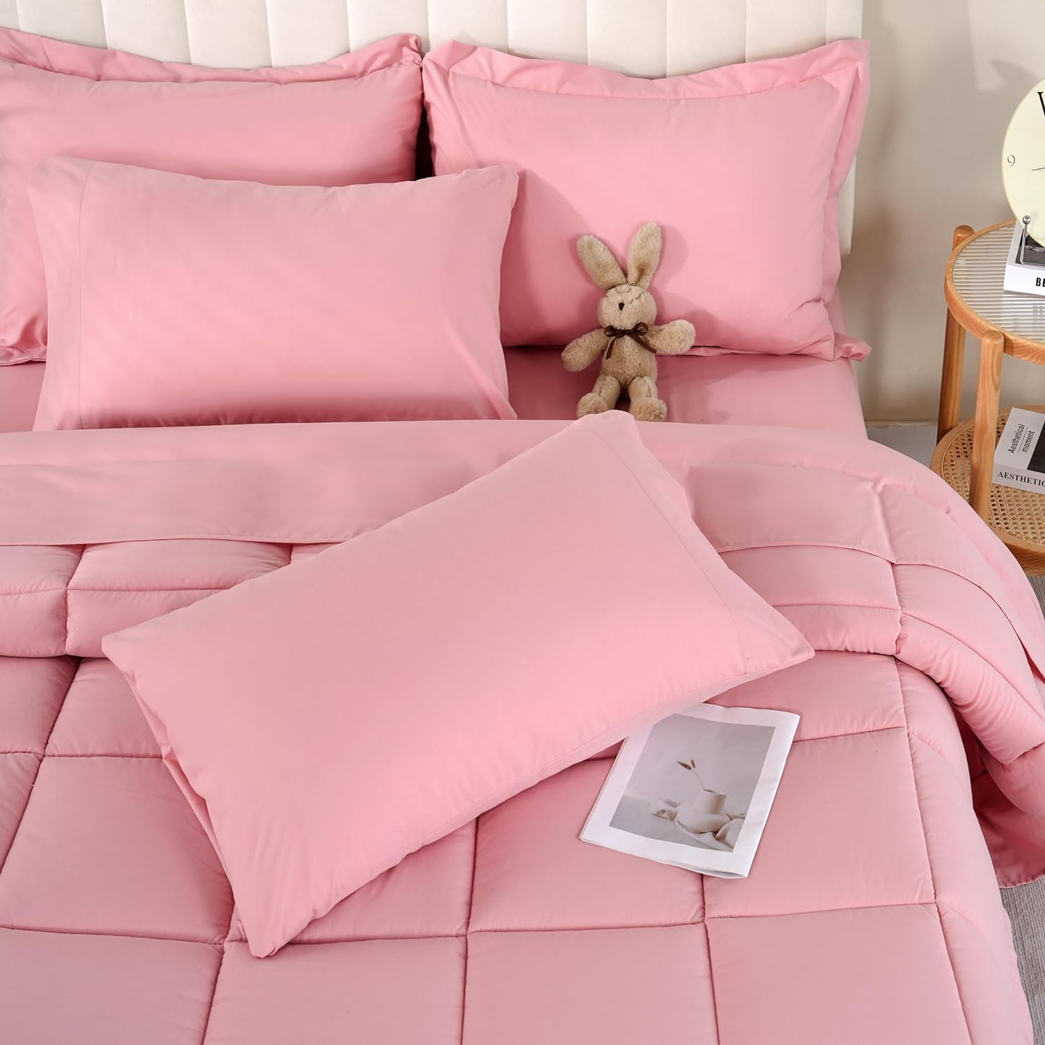 DOWNCOOL Queen Comforter Set, 7 Pieces Bedding Sets Queen Pink, All Season Down...