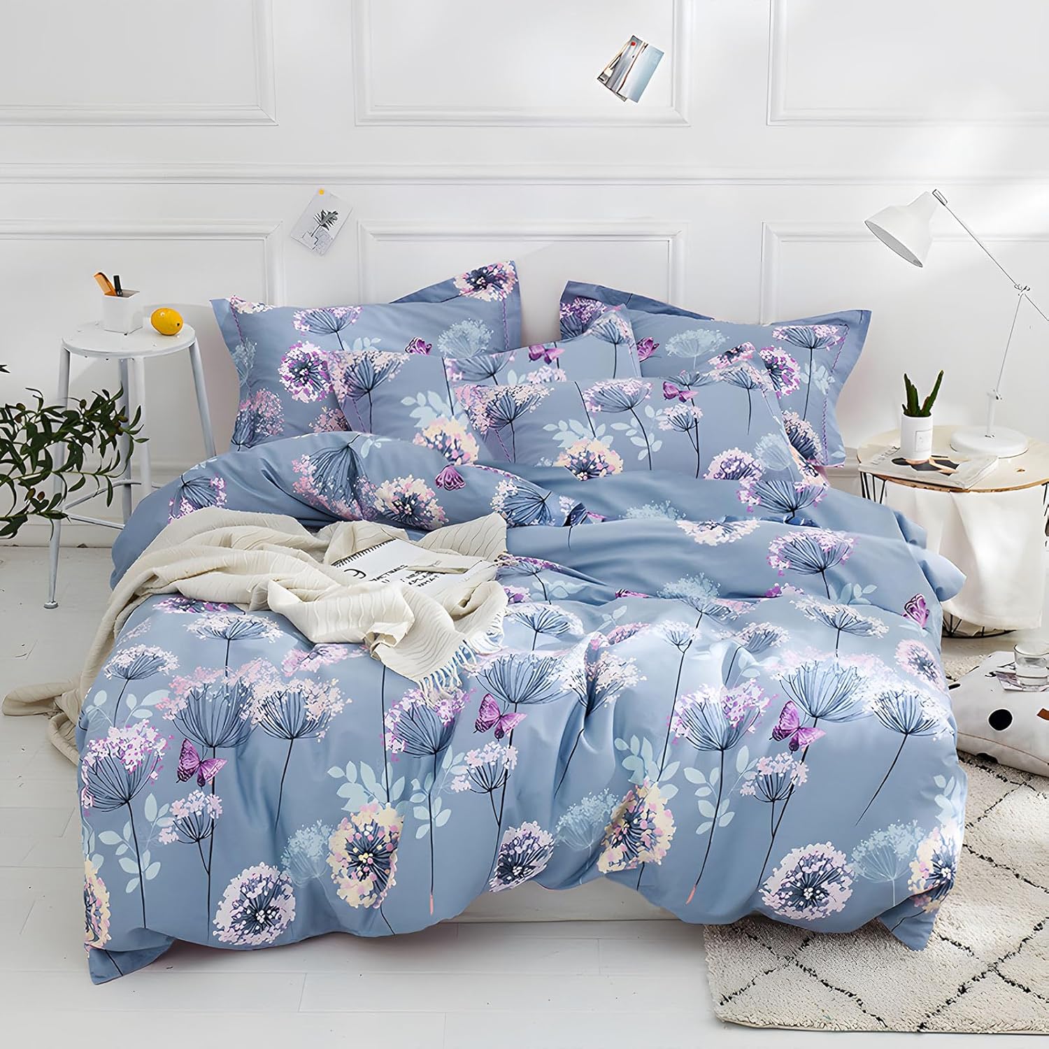 EAVD Dandelion Floral Comforter Set King Blue Fluffy Microfiber Garden Cute Butt...