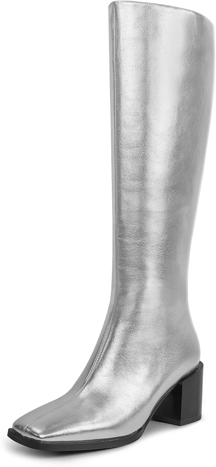 wetkiss Knee High Boots for Women GoGo Boots with Chunky Heel, Square Toe and Si...