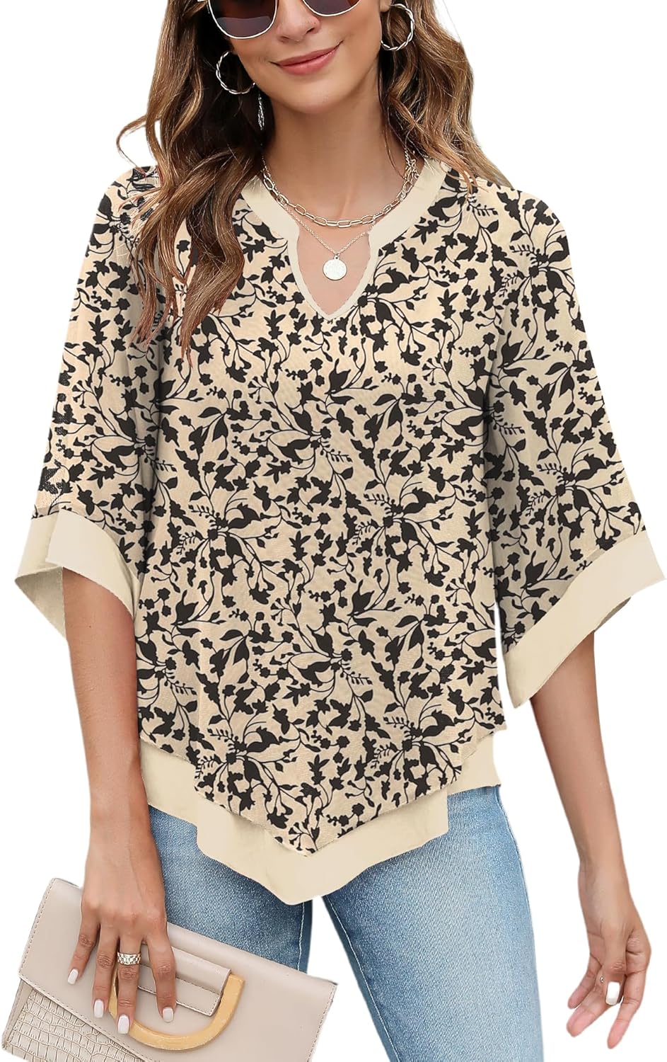 Micoson Womens 3/4 Sleeve Chiffon Blouses V Neck Double Layers Mesh Shirts Dress...