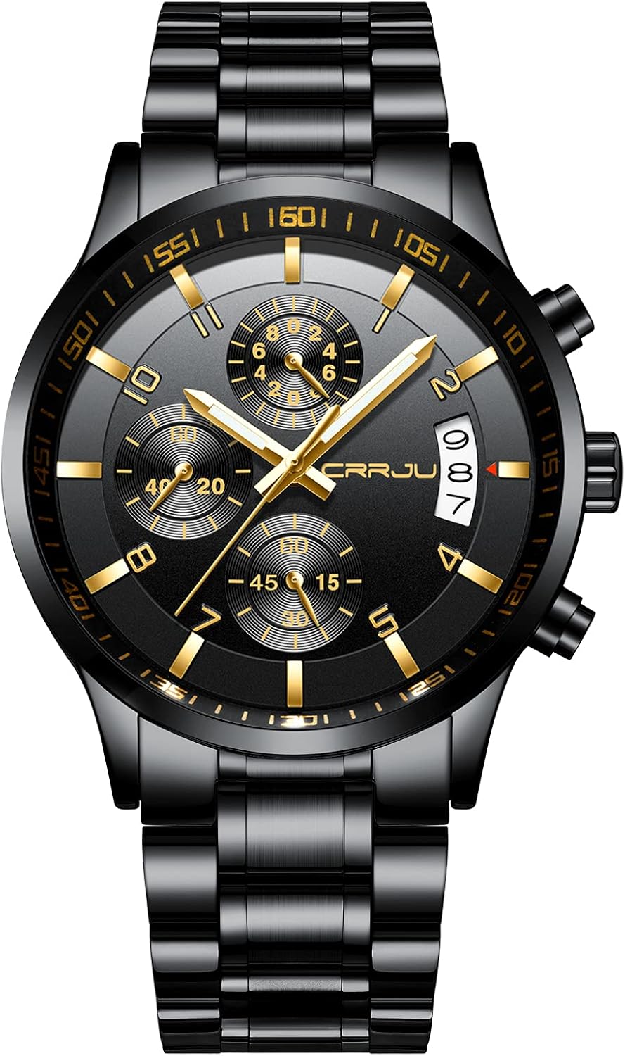 CRRJU Men's Fashion Stainless Steel Watches Date Waterproof Chronograph Wristwat...