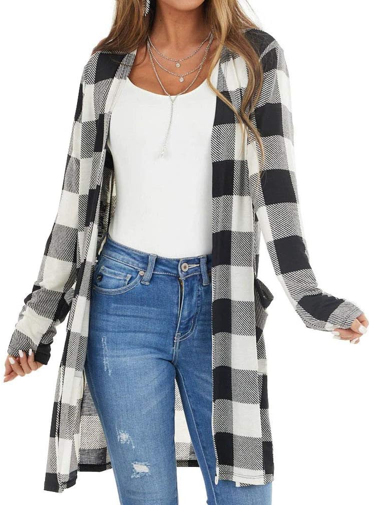 Lacozy Women's Open Front Long Cardigan Draped Snap Buffalo Plaid Shirt Kimono C...
