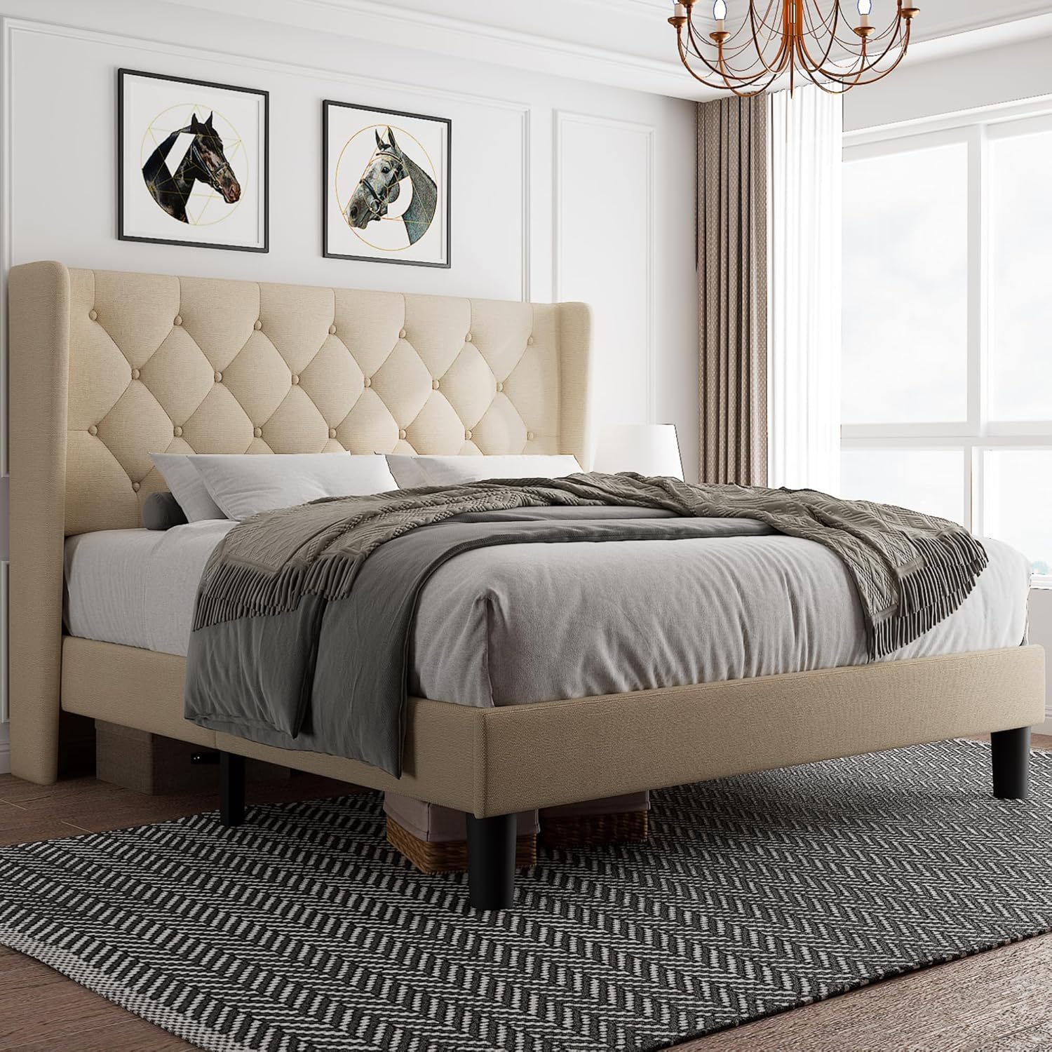iPormis Queen Size Platform Bed Frame with Button Tufted Headboard, Upholstered...