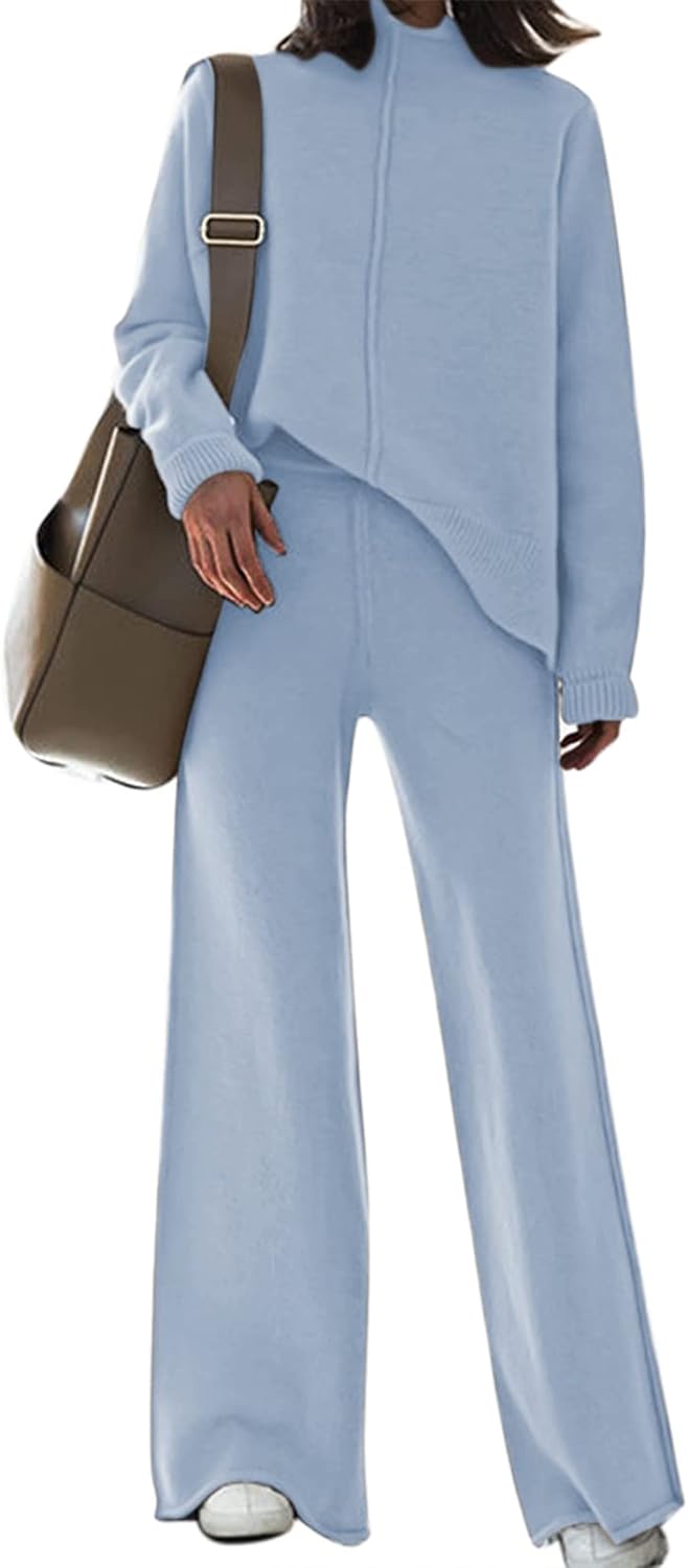 Linsery Women 2 Piece Outfits High Neck Knitted Sweater Wide Leg Pant Sweatsuit...