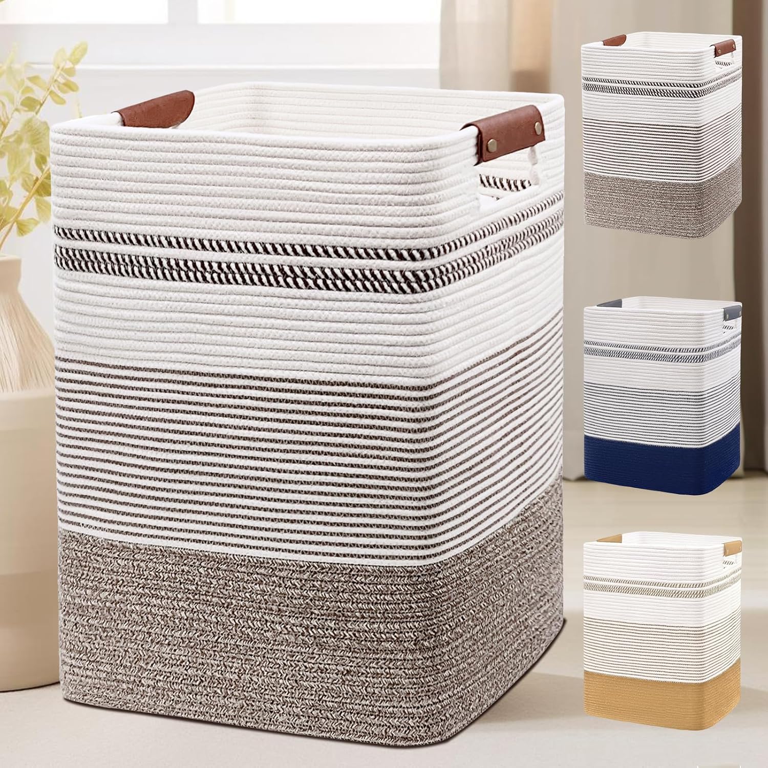 DOFASAYI Laundry Hamper - 85L Large Cotton Rope Laundry Basket with Leather Hand...