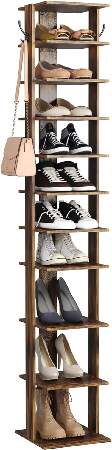 HOME BI Narrow Shoe Rack, 10-Tier Wood Shoe Shelf, Vertical Shoe Storage Cabinet...