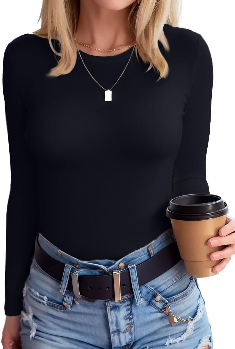 SANDERY Womens Round Neck Long/Short Sleeve Shirts Ribbed Casual Slim Fitted Top...