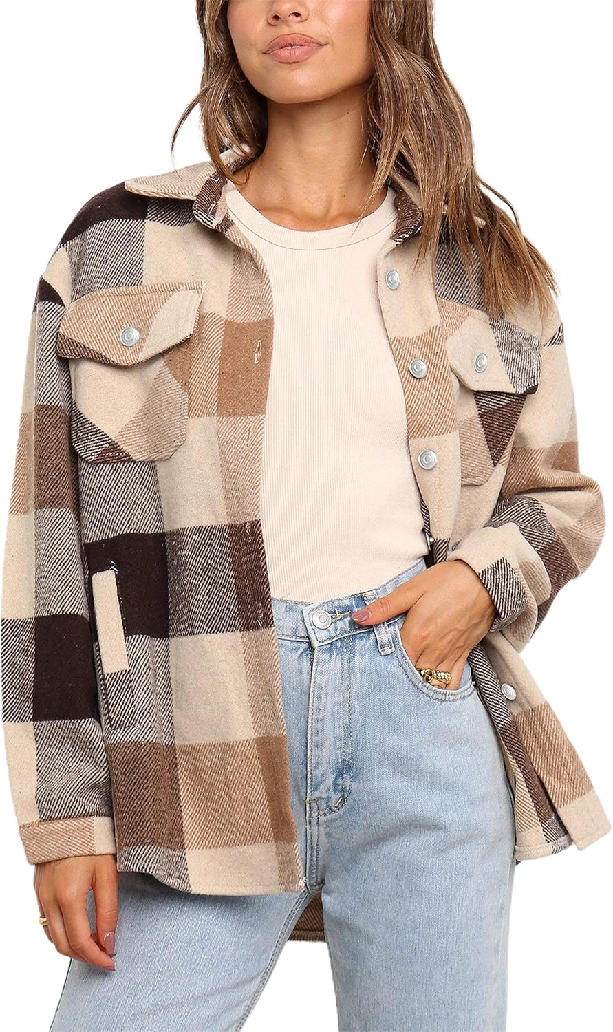 UANEO Womens Plaid Shacket Button Down Wool Blend Fall Flannel Shirt Jacket Brow...