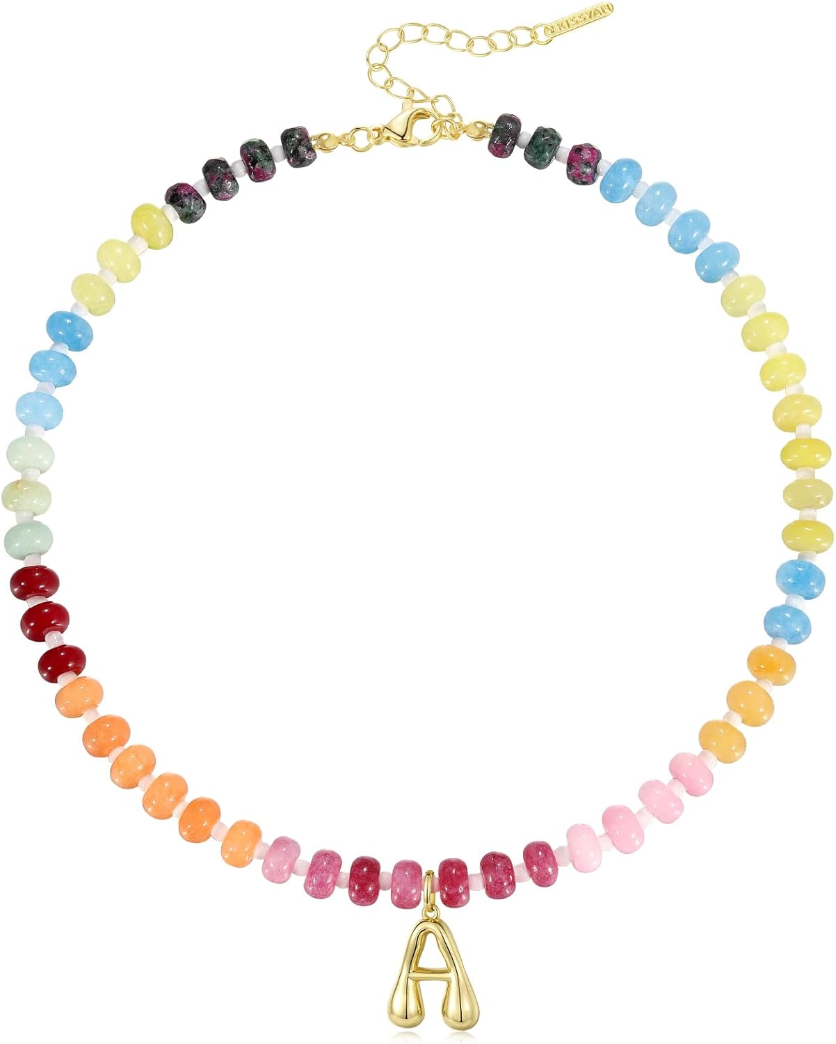 KissYan Initial Necklaces for Women, Colorful Beaded Gemstone Choker 14K Gold Bu...
