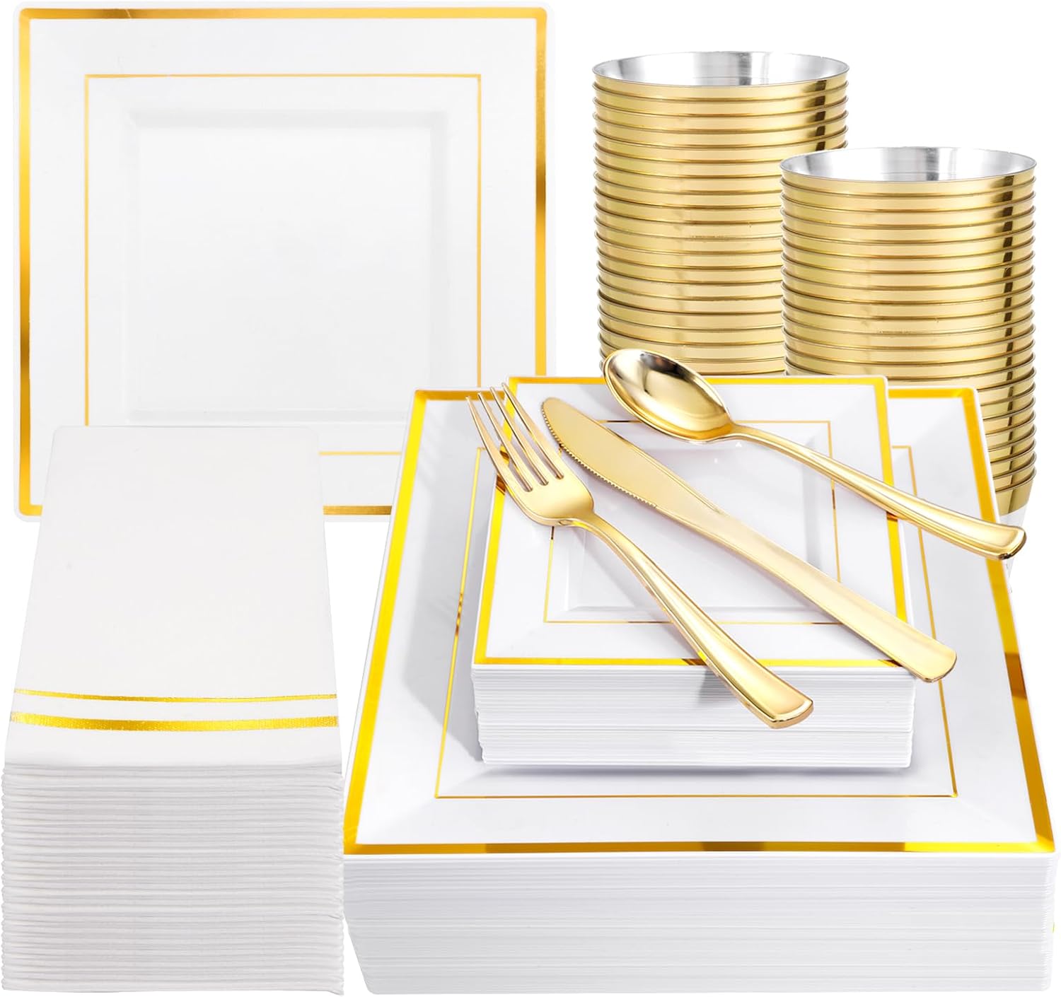 Festiva 350Pcs Gold Plastic Plates - Disposable Square Gold Plates include 50Din...