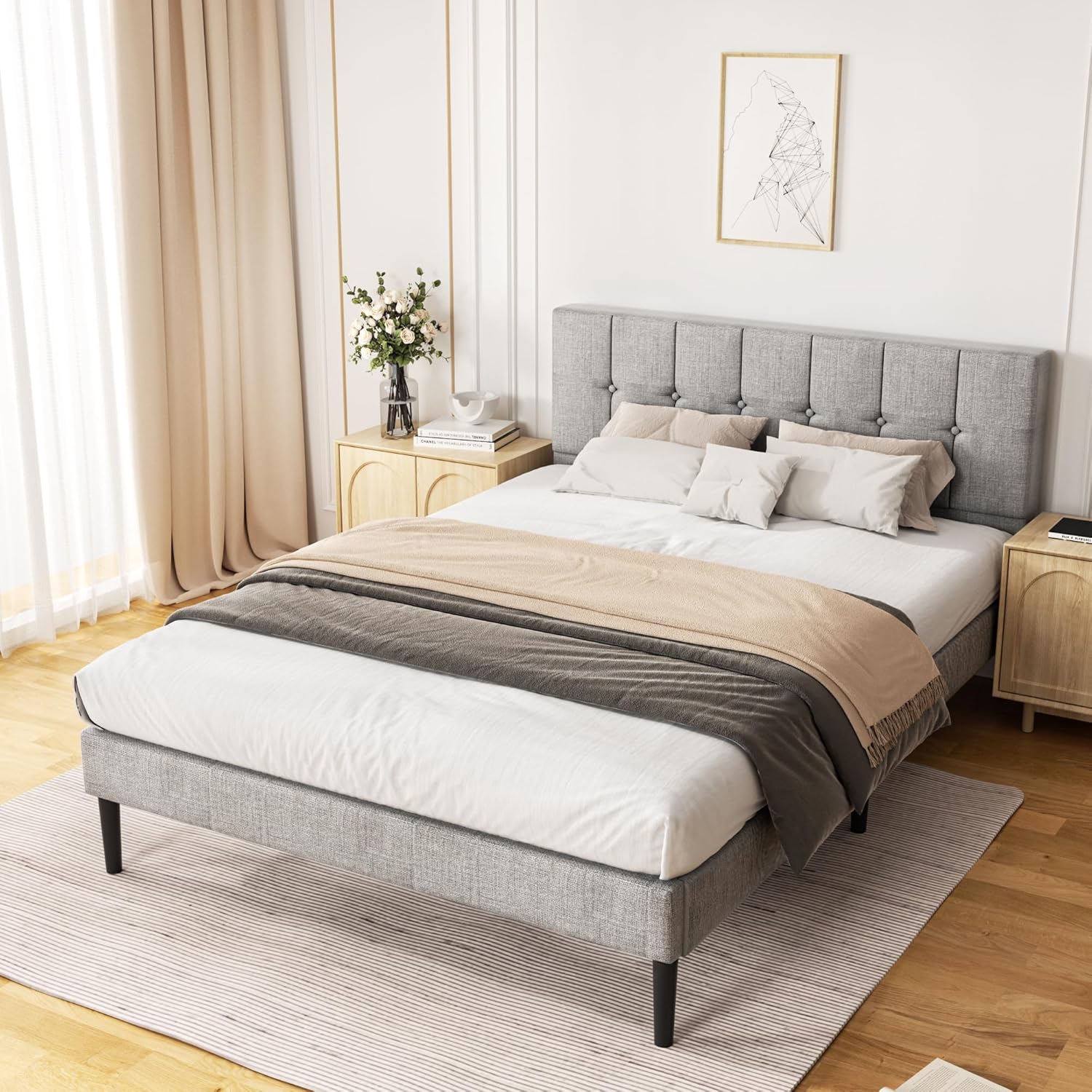 Queen Size Platform Bed Frame with Upholstered Headboard, Modern Bed with Wooden...