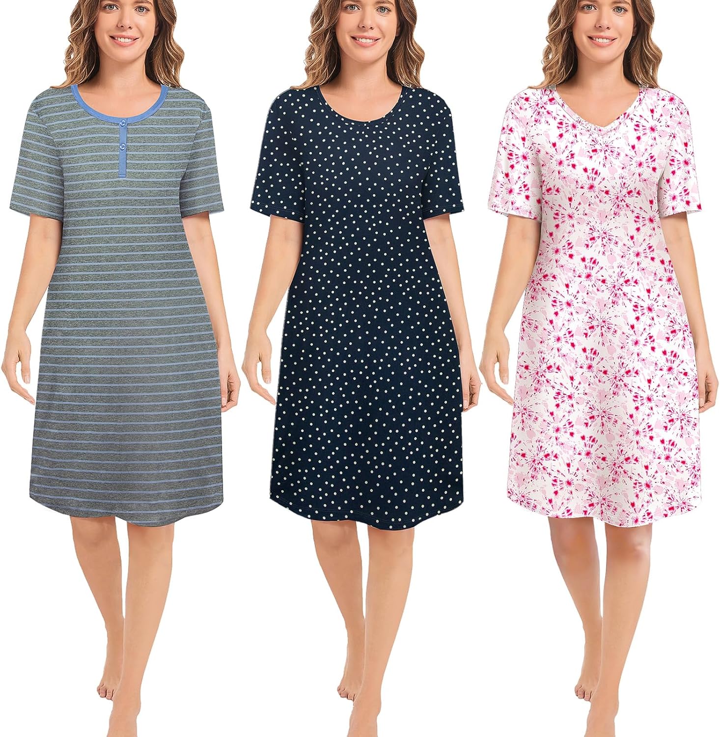 3 Pack Sleepshirts Women's Nightshirt Soft Nightgowns for Women Short Sleeve dre...