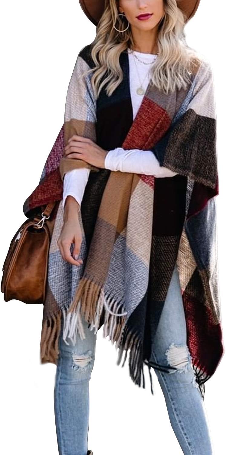 VIMPUNEC Women Boho Buffalo Plaid Poncho Pashmina Shawl Wrap Cape Sweater Knitti...