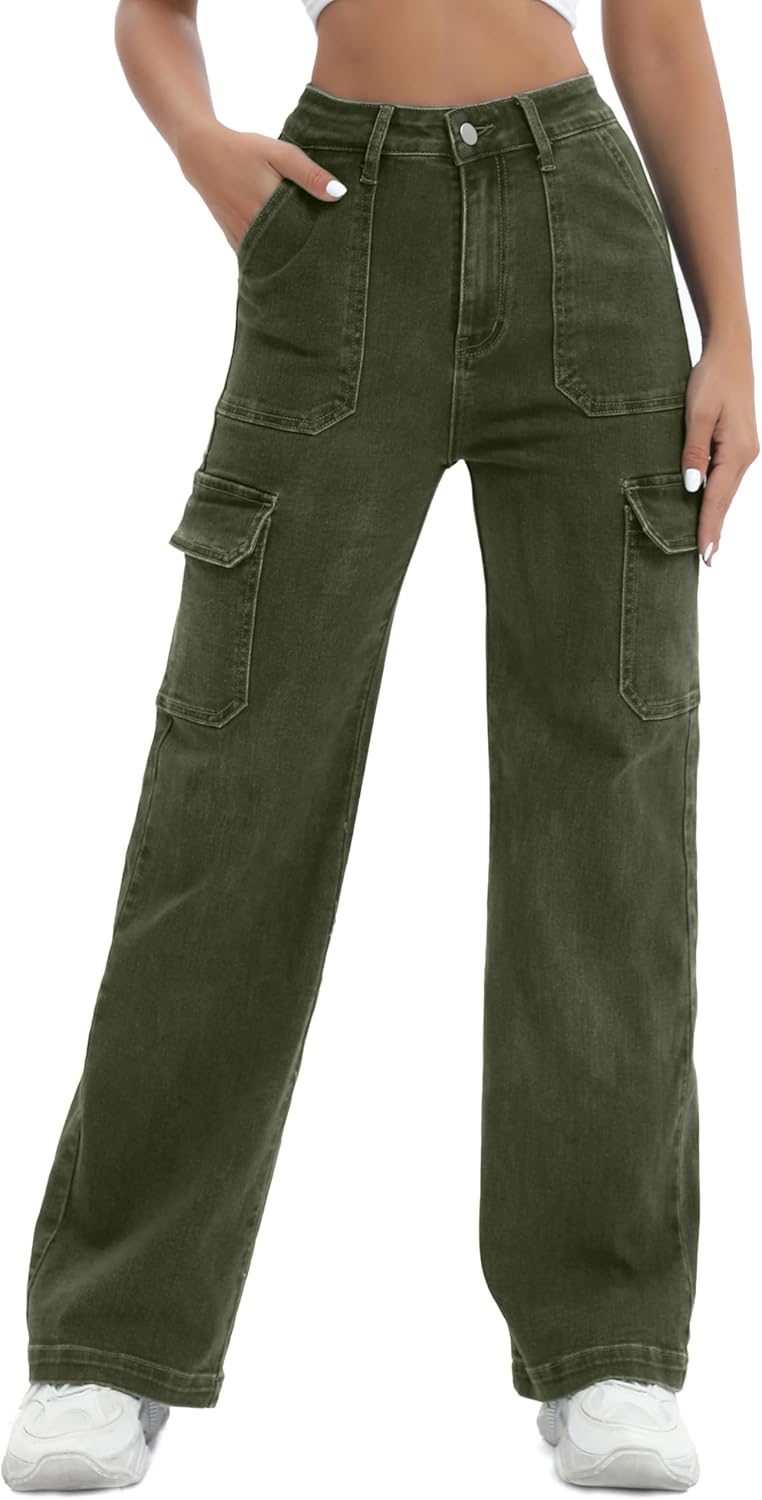 Women Cargo Jeans, Special High Waist Y2K Jeans with Trendy Straight Leg, Innova...