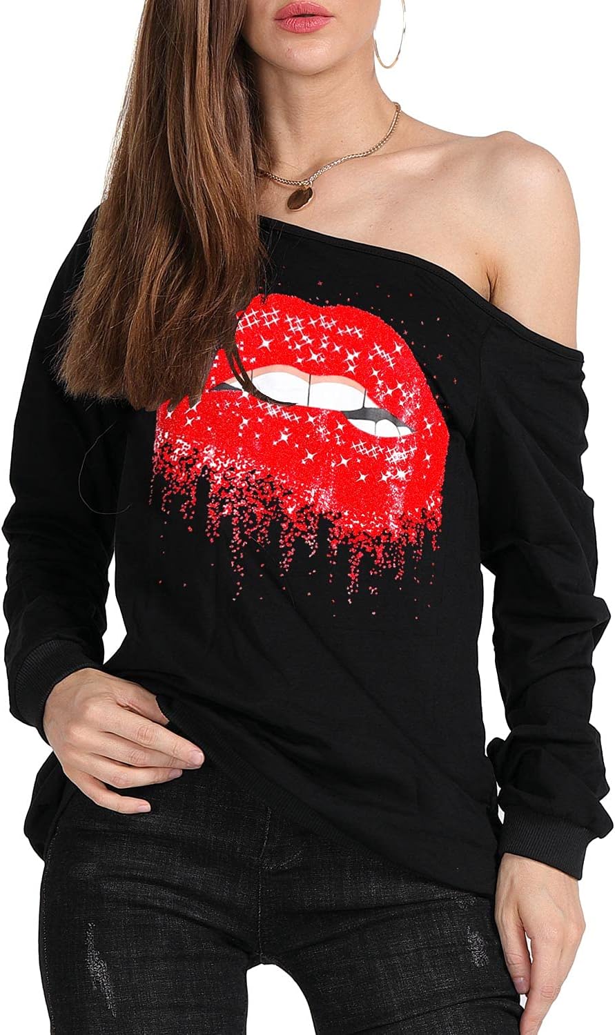 MAGICMK Woman’s Sweatershirt Lips Print Causal Blouse Off The Shoulder Long Slee...