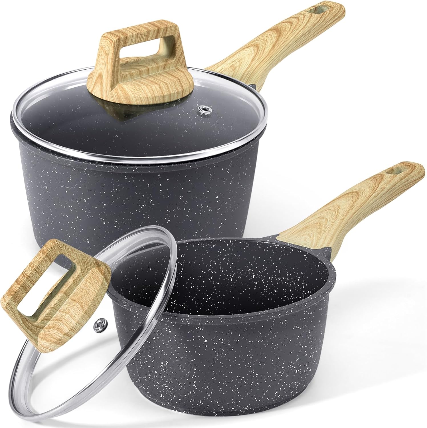 GiPP 1.5L&2.5L Sauce Pan Set with Lid Nonstick - Grey Granite Non Stick Sauce Po...