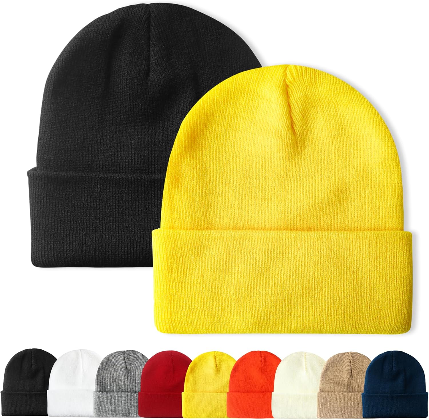 PFFY 2 Packs Unisex Beanie Hats for Men and Women Knit Winter Beanies Black+yell...