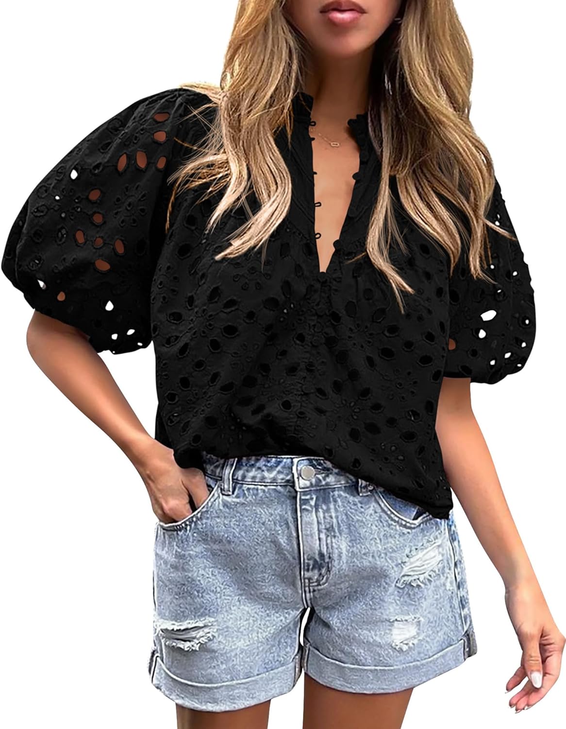 PRETTYGARDEN Women's Summer Tops, Casual Blouses with Dressy Short Lantern Sleev...