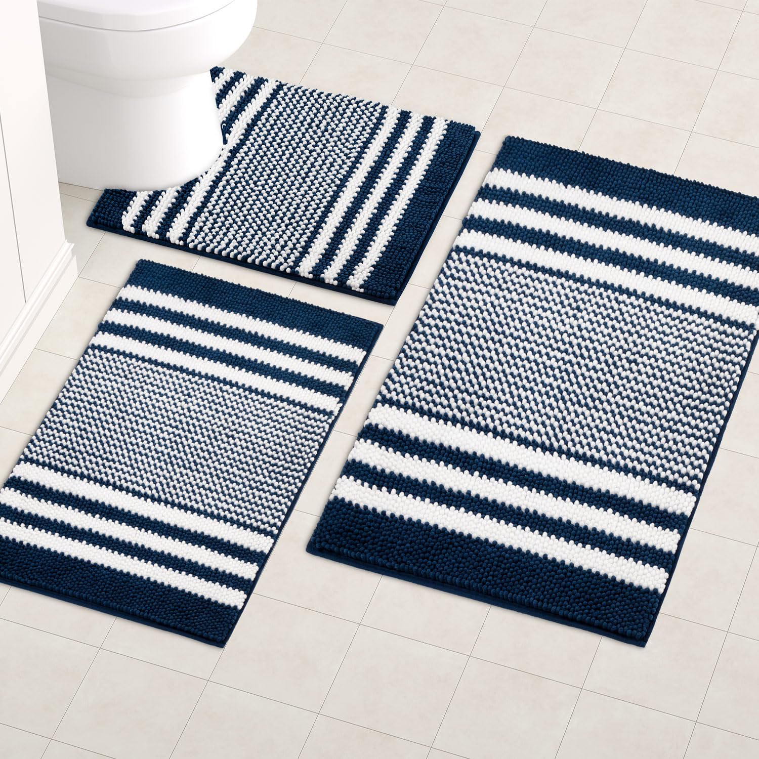 Navy Bathroom Rugs Set 3 Pieces, Striped Ultra Soft Non Slip Absorbent Chenille...