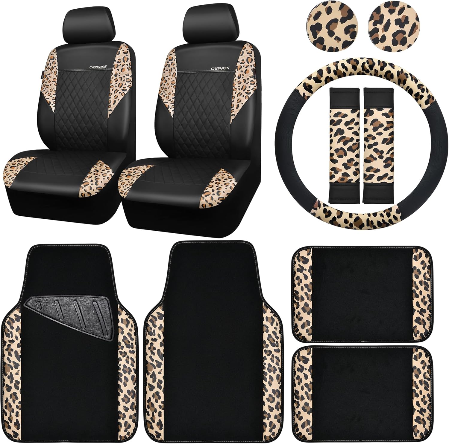 CAR PASS Leopard Print, Special Car Seat Covers, Unique Faux Leather Car Seat Co...