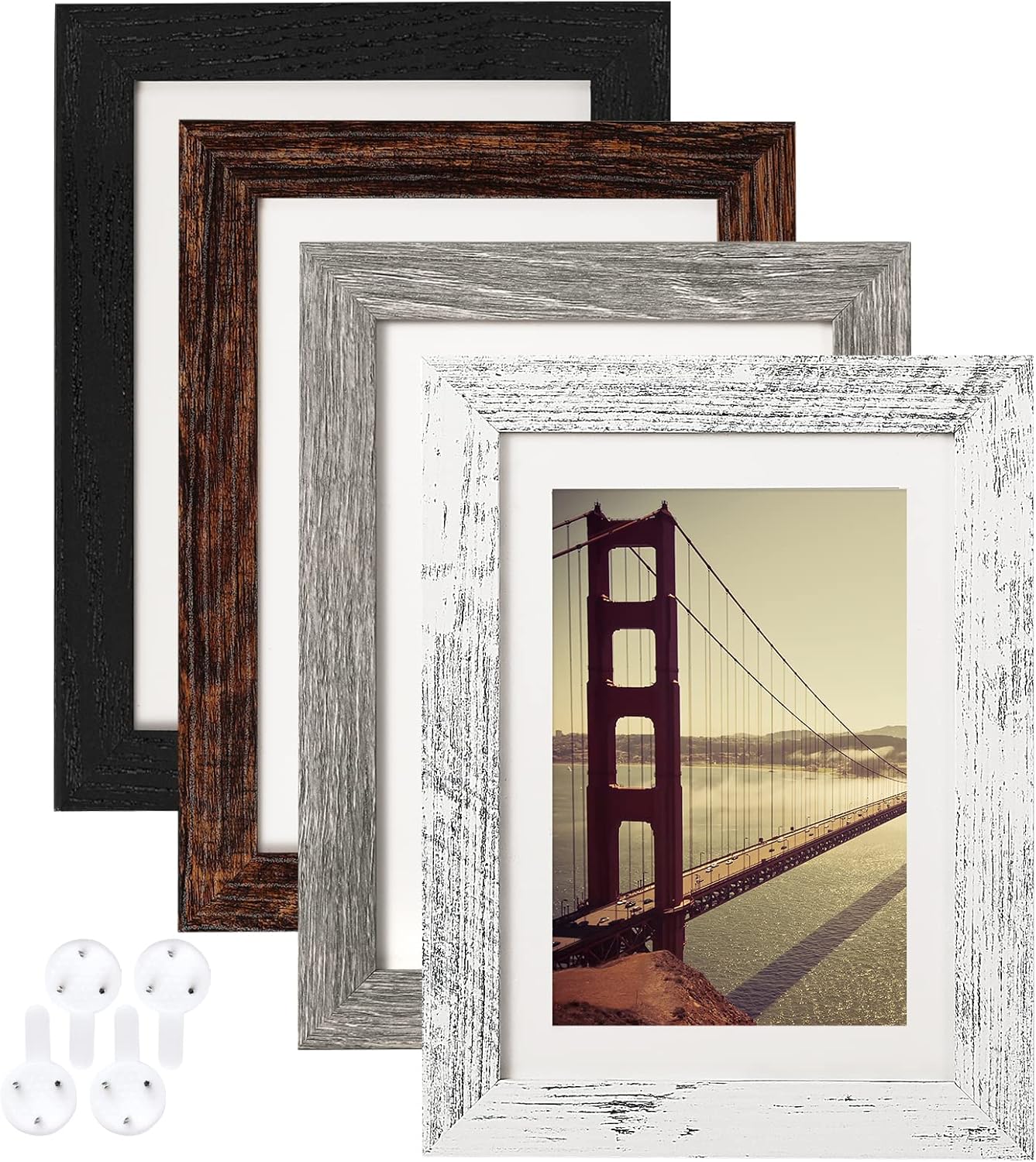 BAIJIALI 5x7 Picture Frame Distressed Farmhouse Wood Pattern Set of 4 with Tempe...