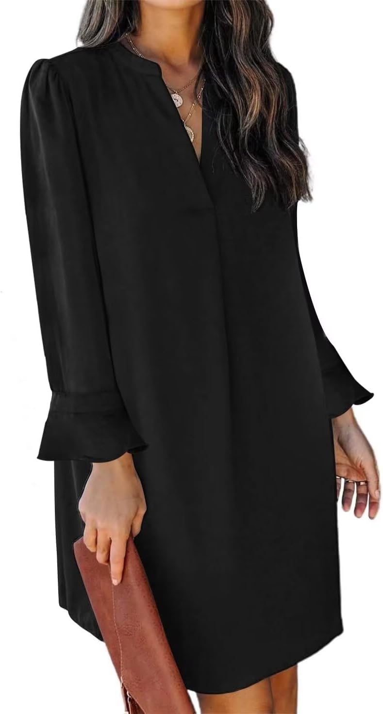 QACOHU Dresses for Women 2024 V Neck Spring Summer Ruffle Long Sleeve Simple Cas...
