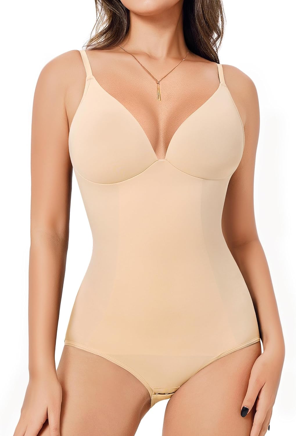 Irisnaya Women's Plunge Deep V Neck Bodysuits with Built in Bra Sleeveless Doubl...