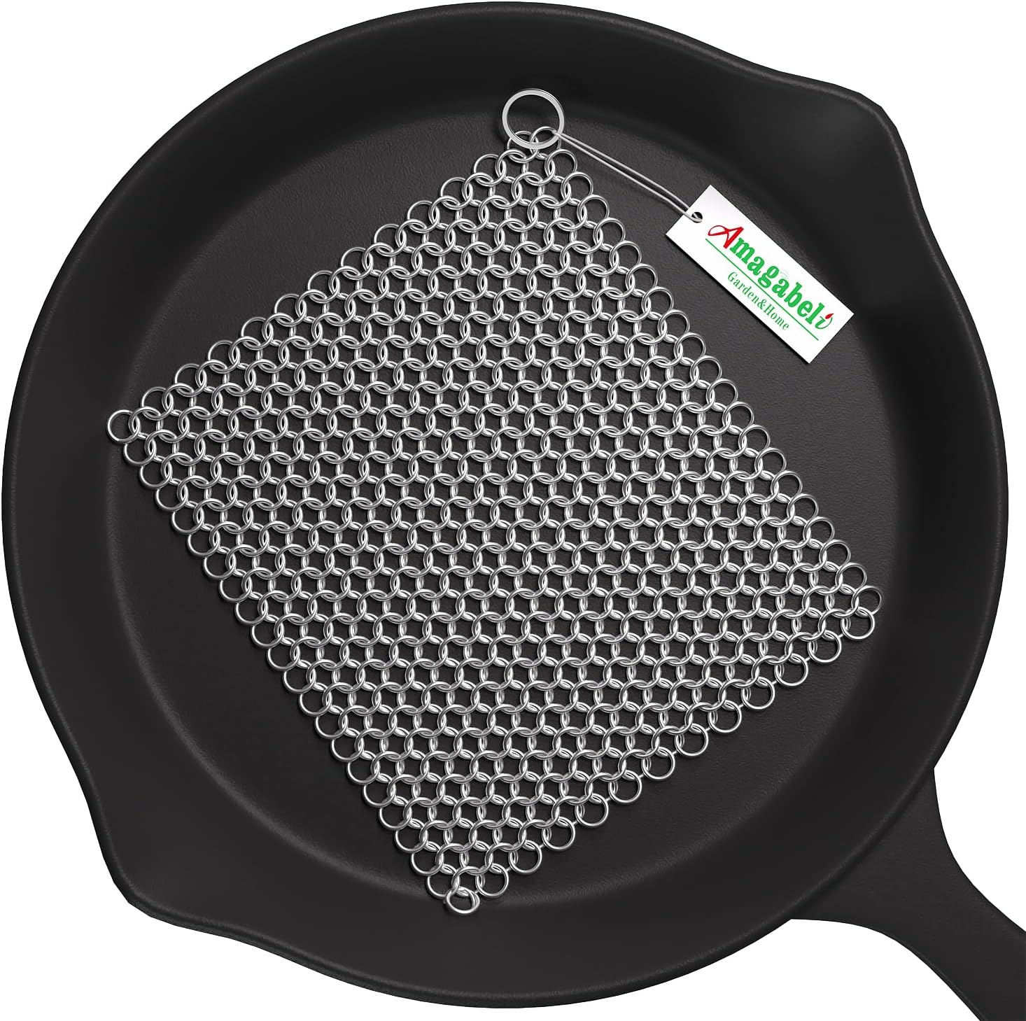 Amagabeli Cast Iron Cleaner 8"x6" Rectangle Chain Metal Scrubber with Hanging Ri...