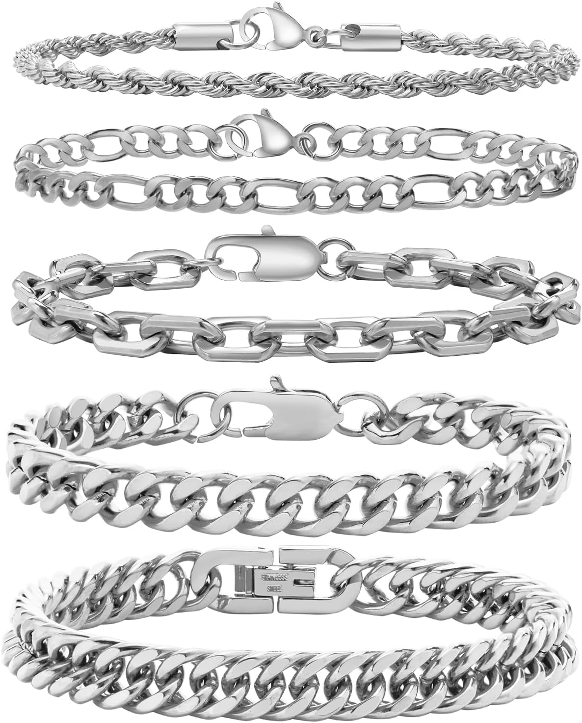 VNOX 5 Pcs Chain Bracelet for Men Women - Sturdy Stainless Steel Curb Width Cuba...