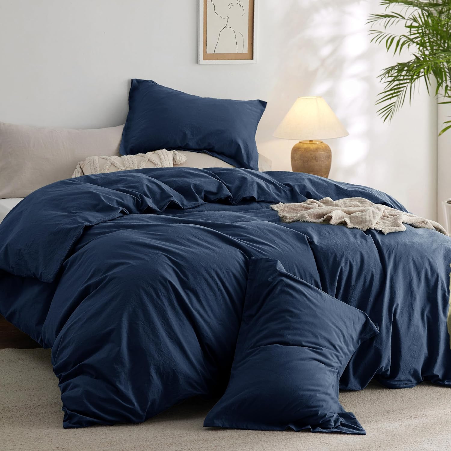 Bedsure Comforter Set King Size Navy - Cotton Fabric with Microfiber Inner Fill,...