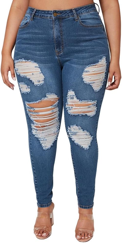 Women Plus Size Jeans, Unique ALLABREVE Ripped Stretch Skinny Jeans, High-Qualit...