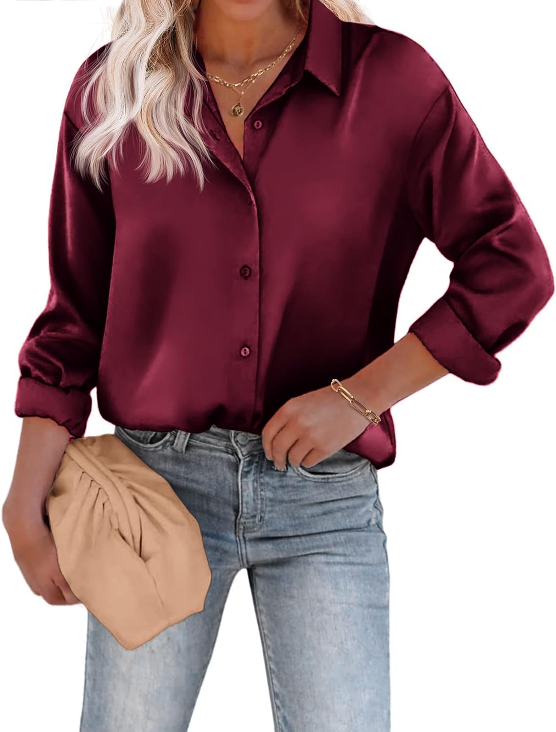 Chigant Women's Blouse Satin Silk Shirts Button Down Shirts Casual Loose Long Sl...