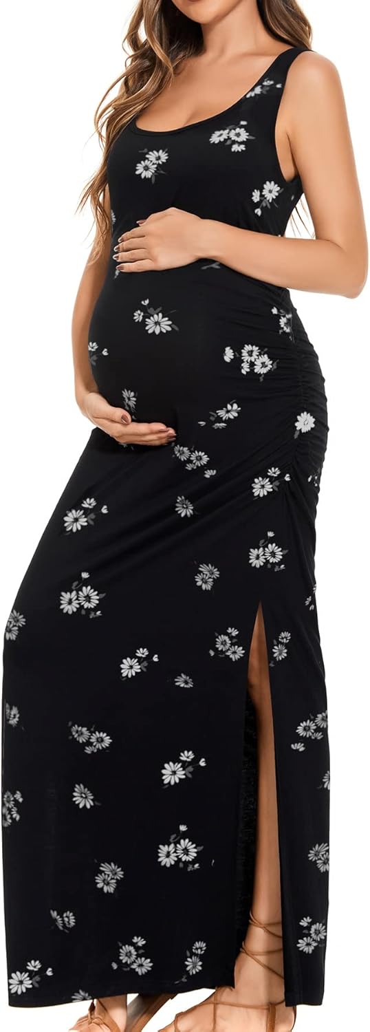 Smallshow Women's Split Long Maternity Dress Sleeveness Ruched Pregnancy Clothes...