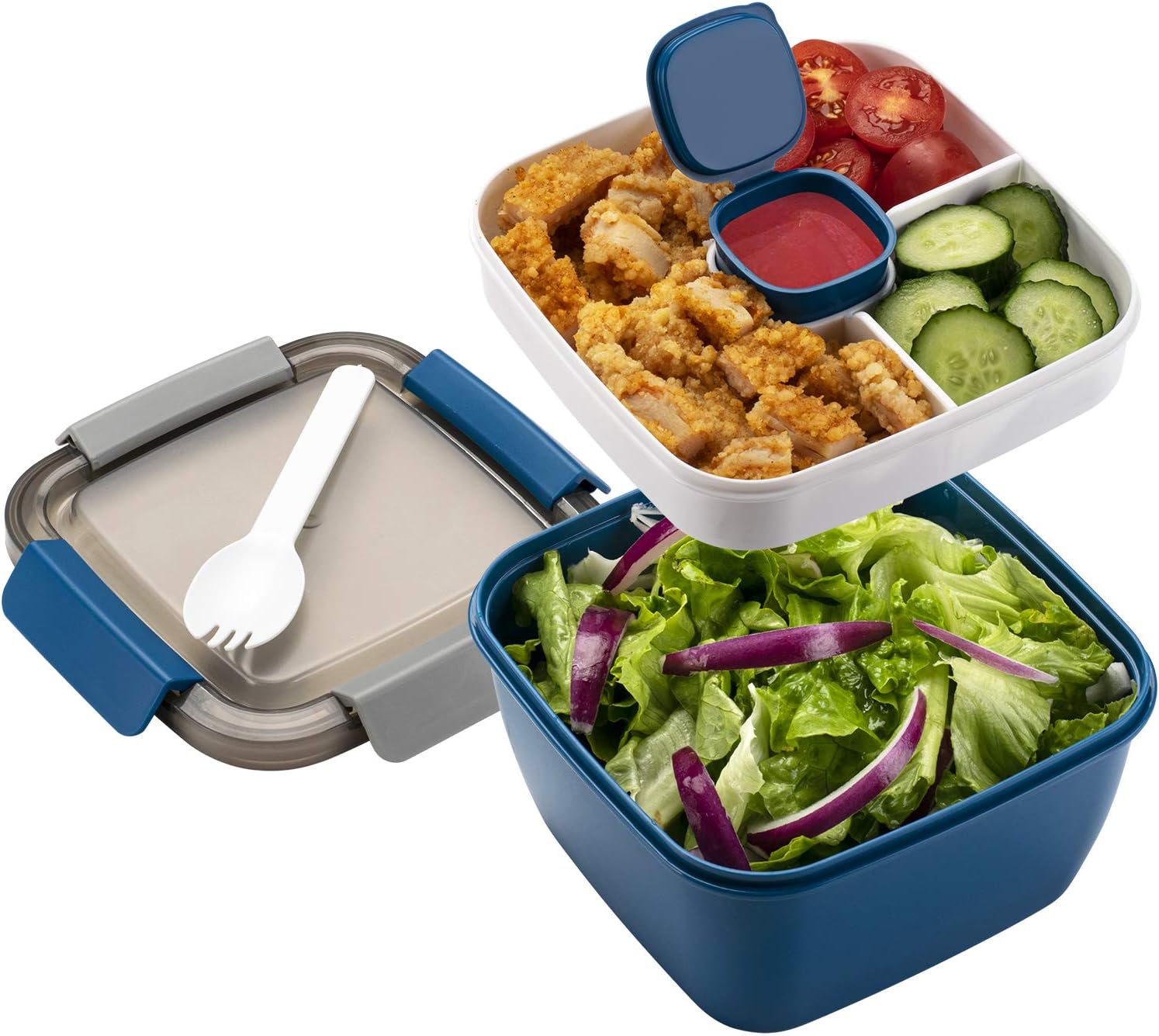 Freshmage Salad Lunch Container To Go, 52-oz Salad Bowls with 3 Compartments, Sa...