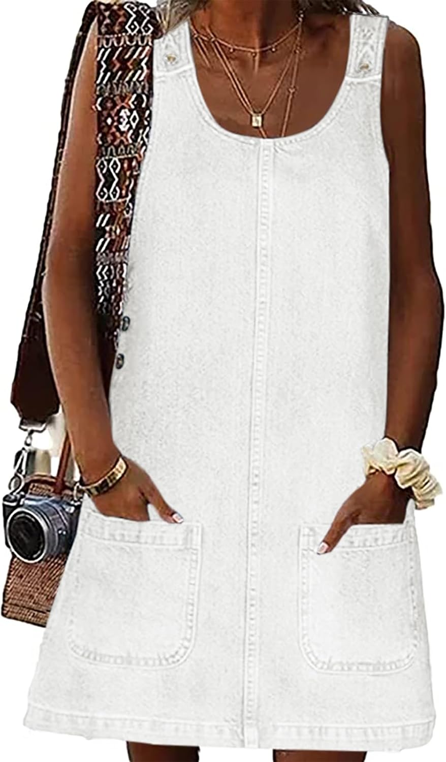BZB Women's Sleeveless Casual Denim Dress Crewneck Vintage Overall Mini Dress wi...