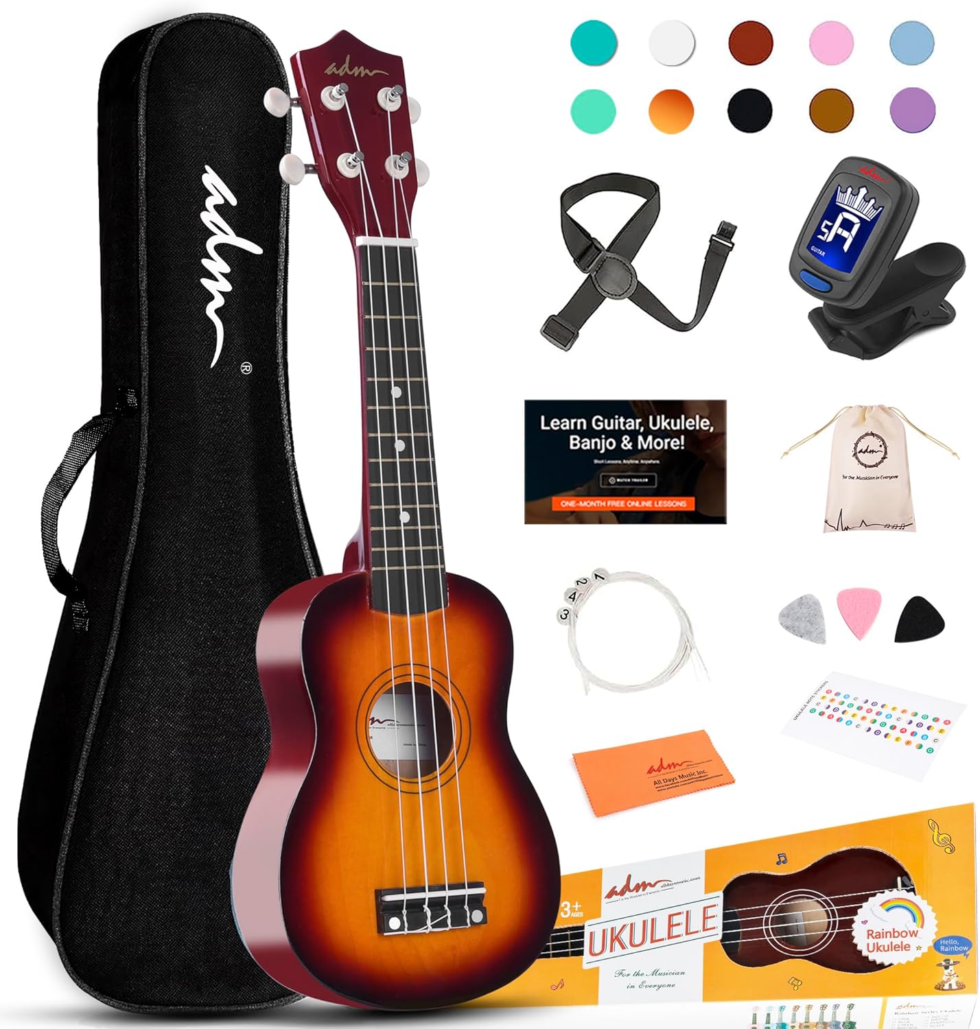 ADM Soprano Ukulele for Beginners, Special 21 Inch Hawaiian Wood Ukelele Kit, In...