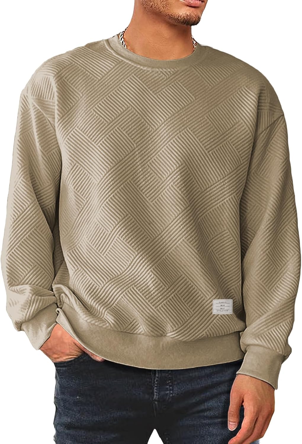 Meilicloth Mens Sweatshirts Crewneck Soild Color Geometric Texture Long Sleeve T...