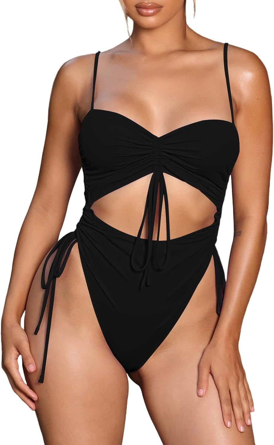 Viottiset Women's Cut Out Drawstring One Piece Swimsuit Cheeky High Cut Bathing...