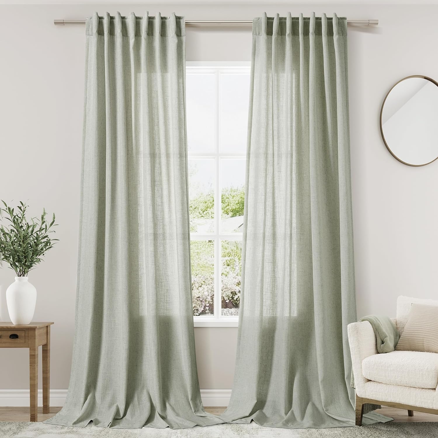 Sage Green Curtains 96 inches Long 2 panels for Living Room Back Tab Rod Pocket...