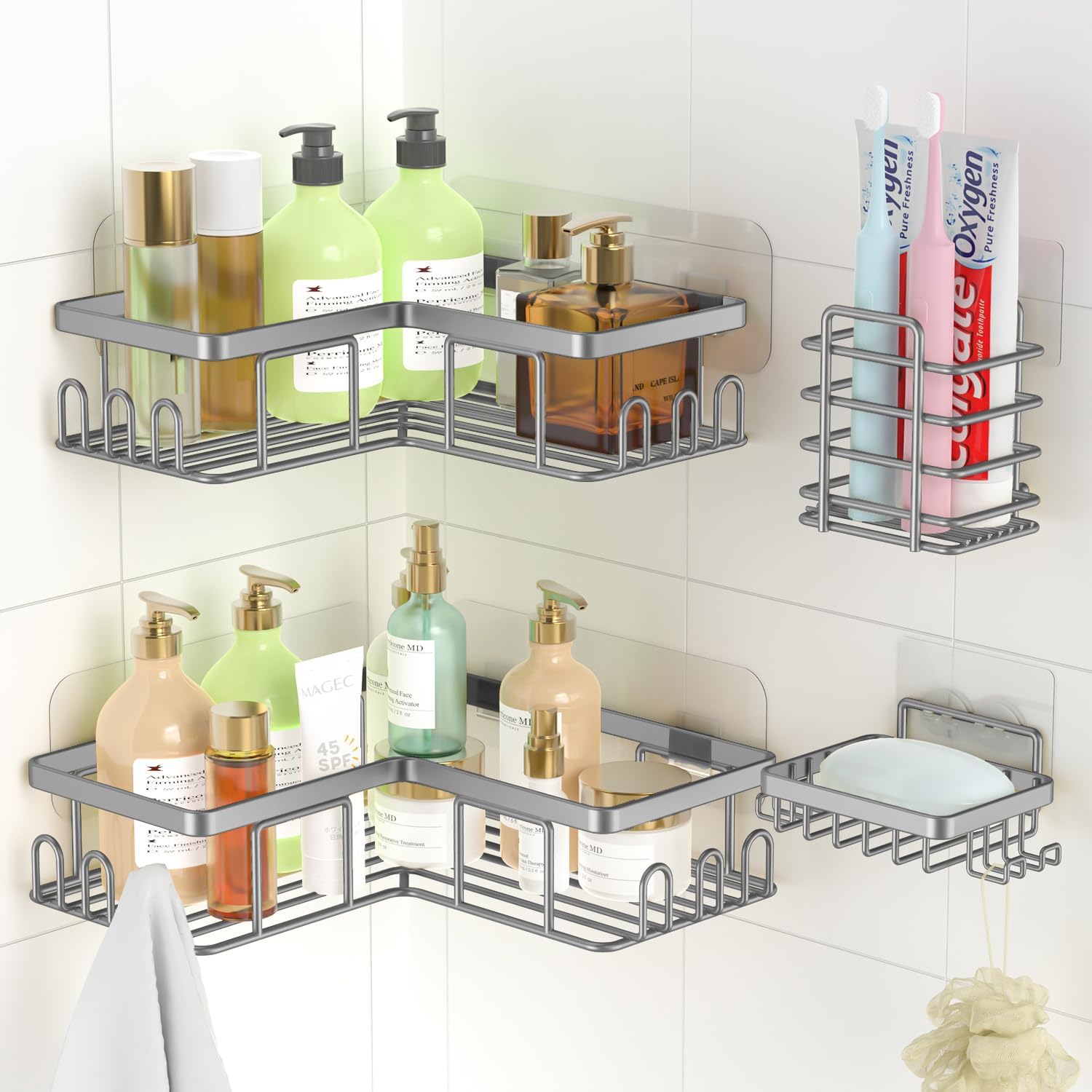 Shower Caddy, 4 Pack Corner Shelf Bathroom Storage, Bathroom Shelf Adhesive Show...