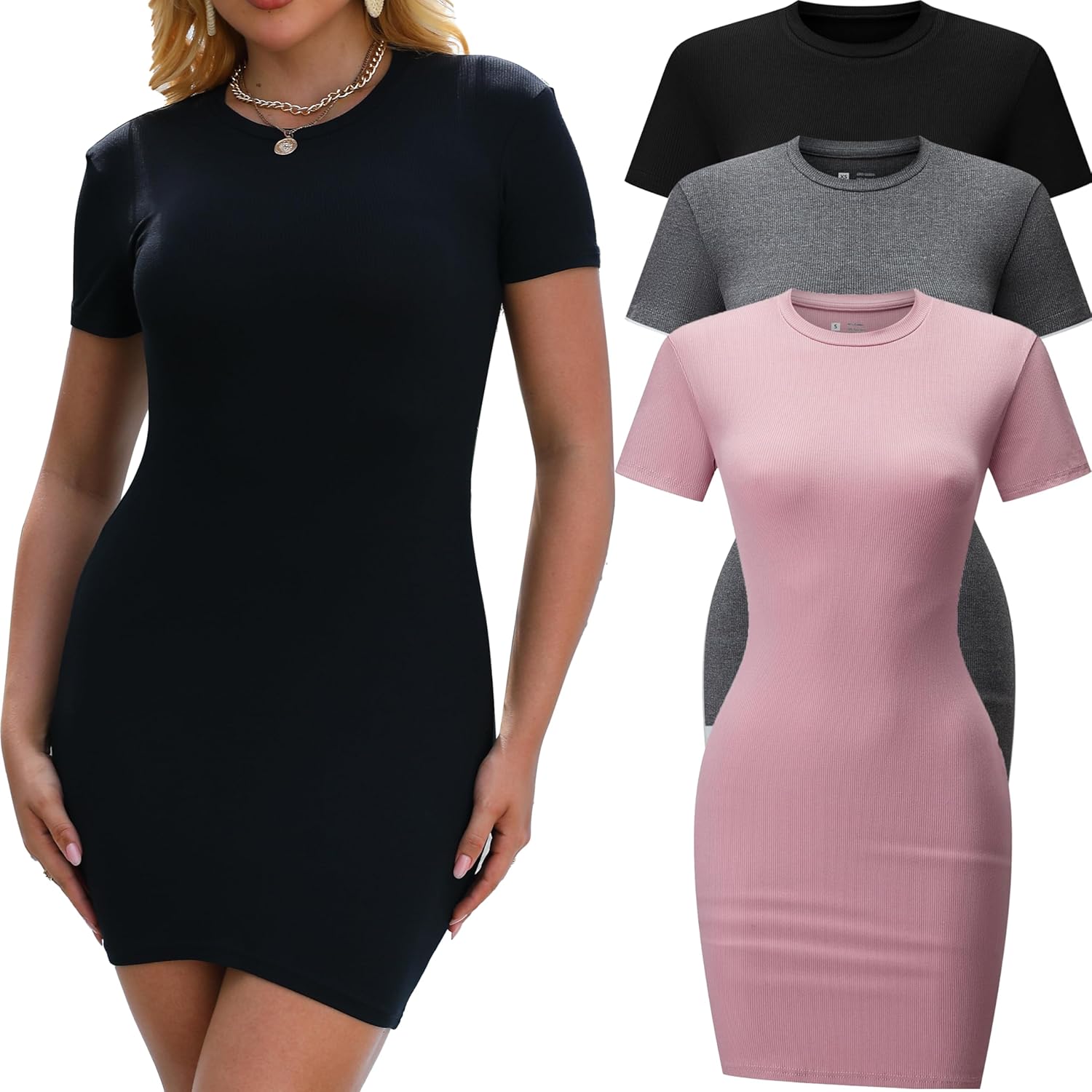 3 Pack Short Sleeve Bodycon Dresses for Women Crew Neck T Shirt Dress Ribbed Bod...