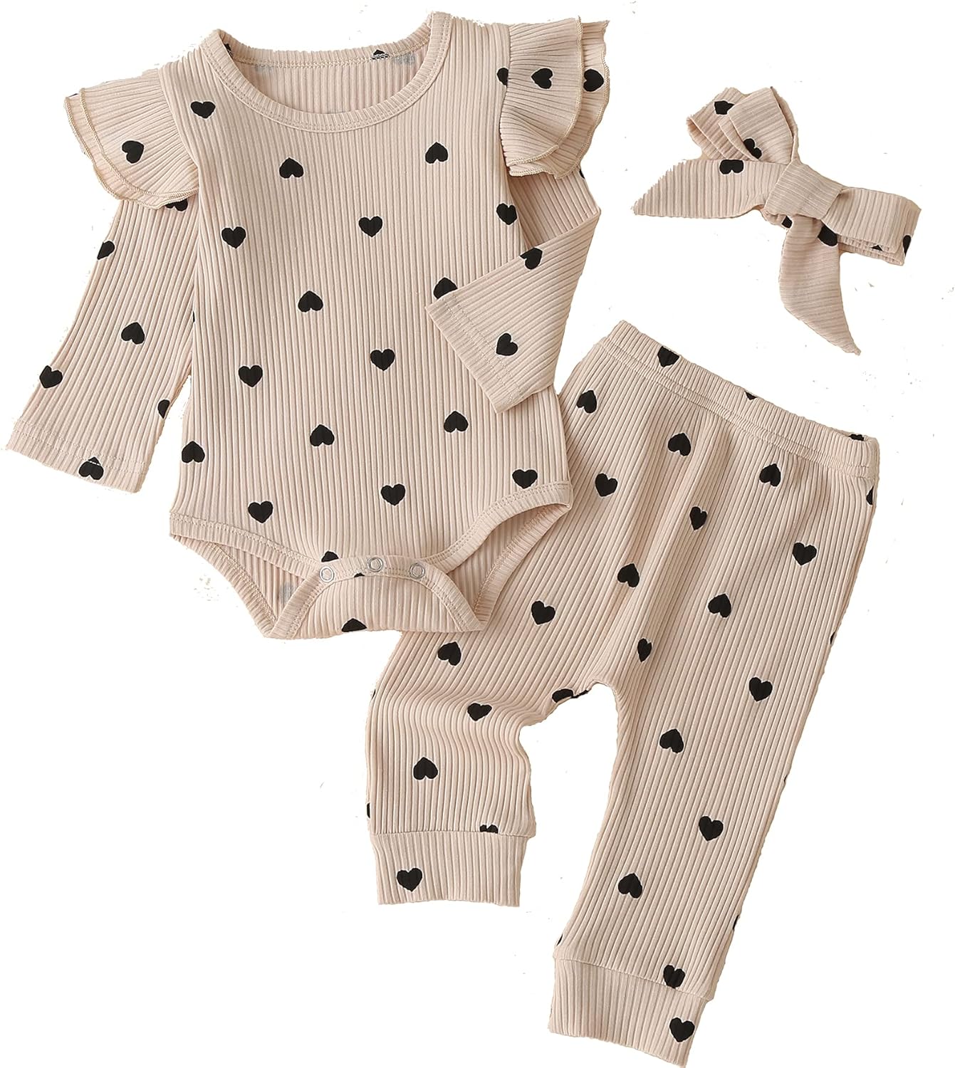 Fullfamous Baby Girl's 3pc Rib Frill Long Sleeve Romper and Pant Set 0-3 Months...