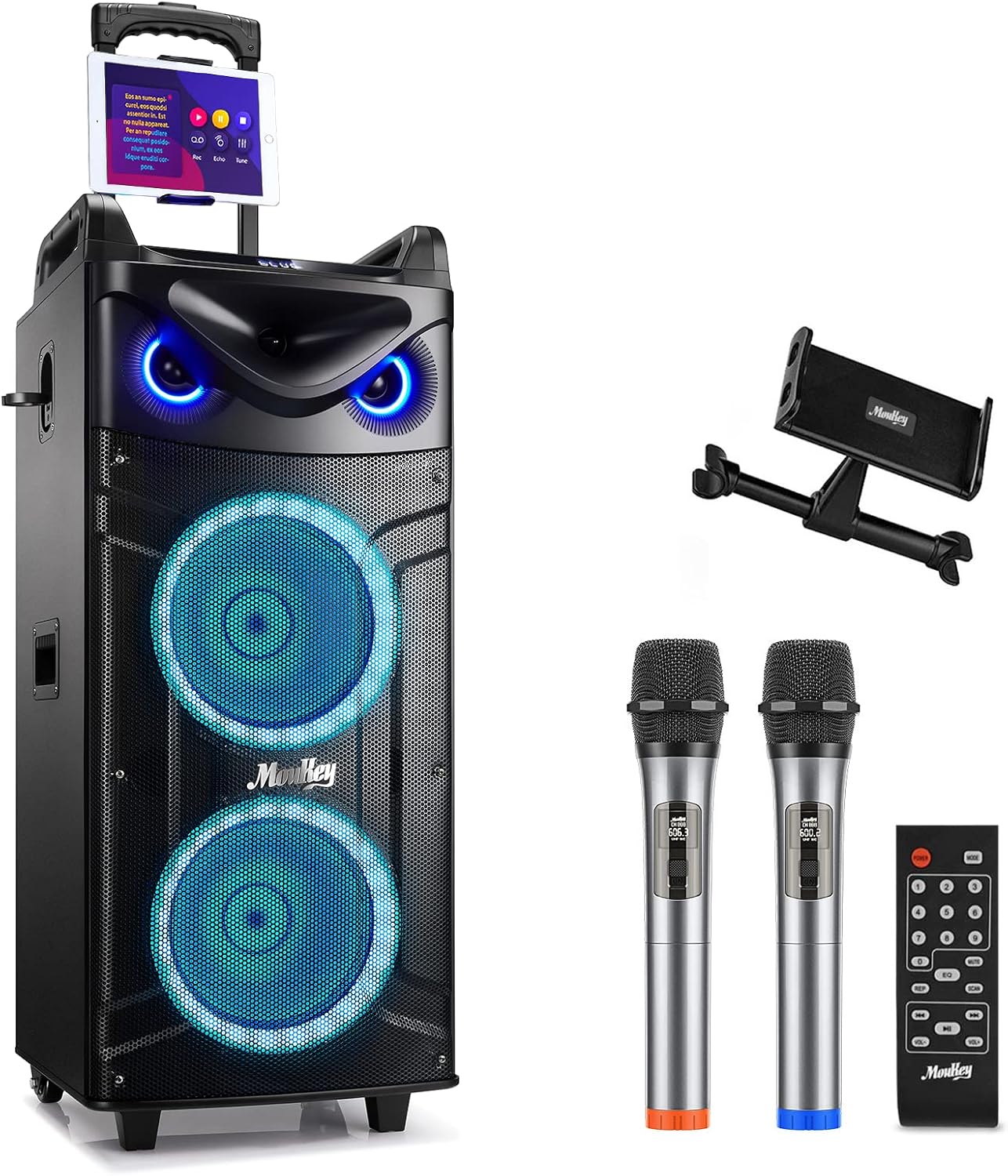 Moukey Karaoke Machine, Double Woofer PA System with 2 Wireless Microphones, Dis...