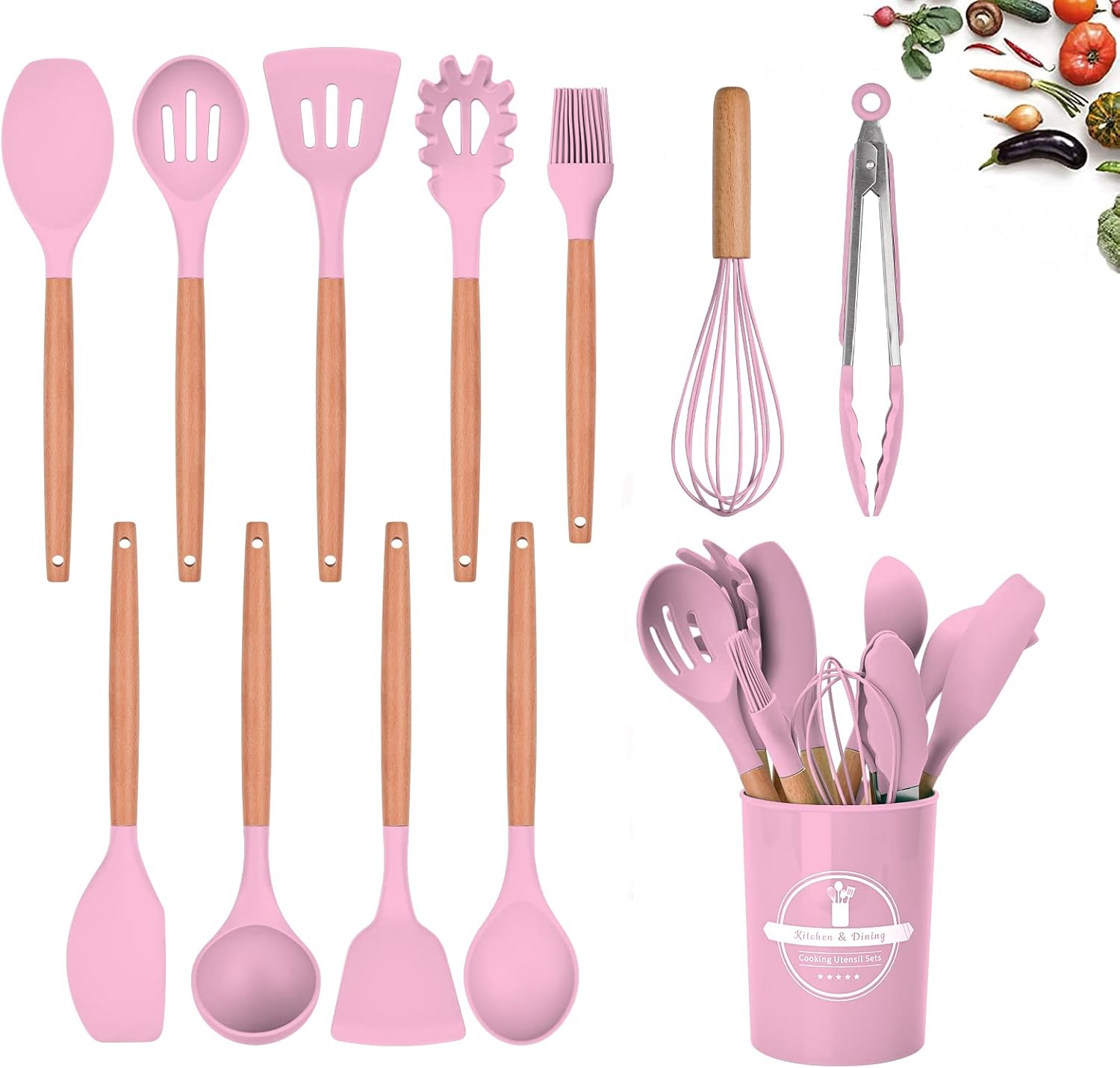 FIOUSY Kitchen Utensil Set, 12 PCS Silicone Cooking Utensils Set with Wooden Han...