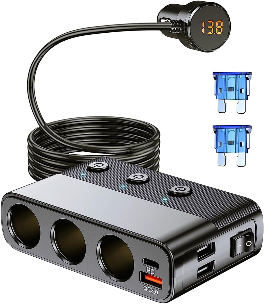 Car Charger Cigarette Lighter Socket Splitter, 7 in 1 Car USB Charger 3 Socket C...