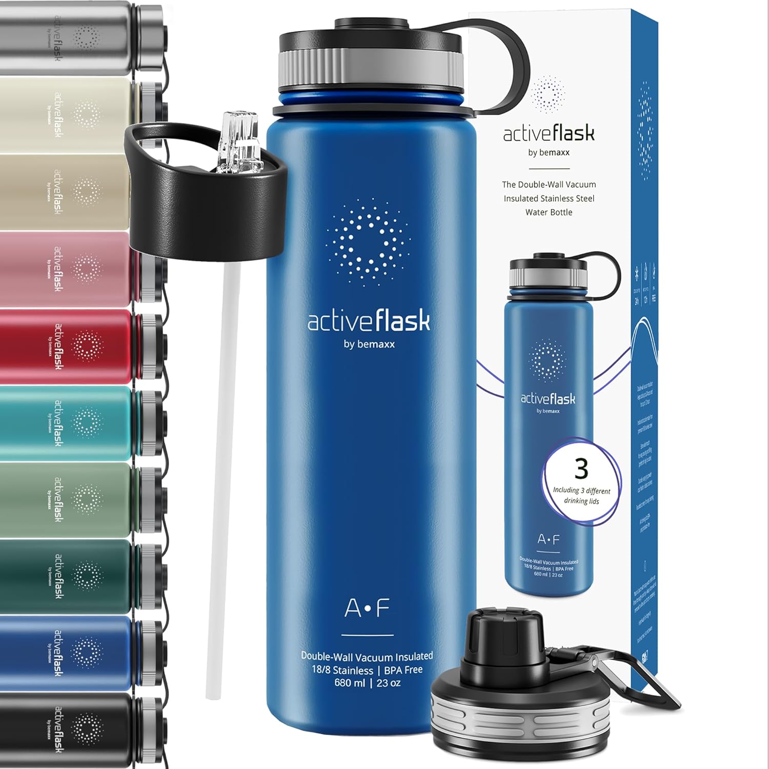Stainless Steel Water Bottle with Straw & 3 Lids: 1 & 0,5L Leak-Proof BPA-Free V...