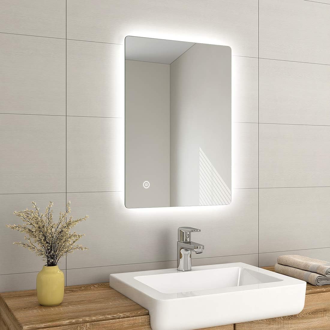 EMKE LED Backlit Bathroom Mirror with Fuse, 500x700mm Wall Mounted Multifunction...