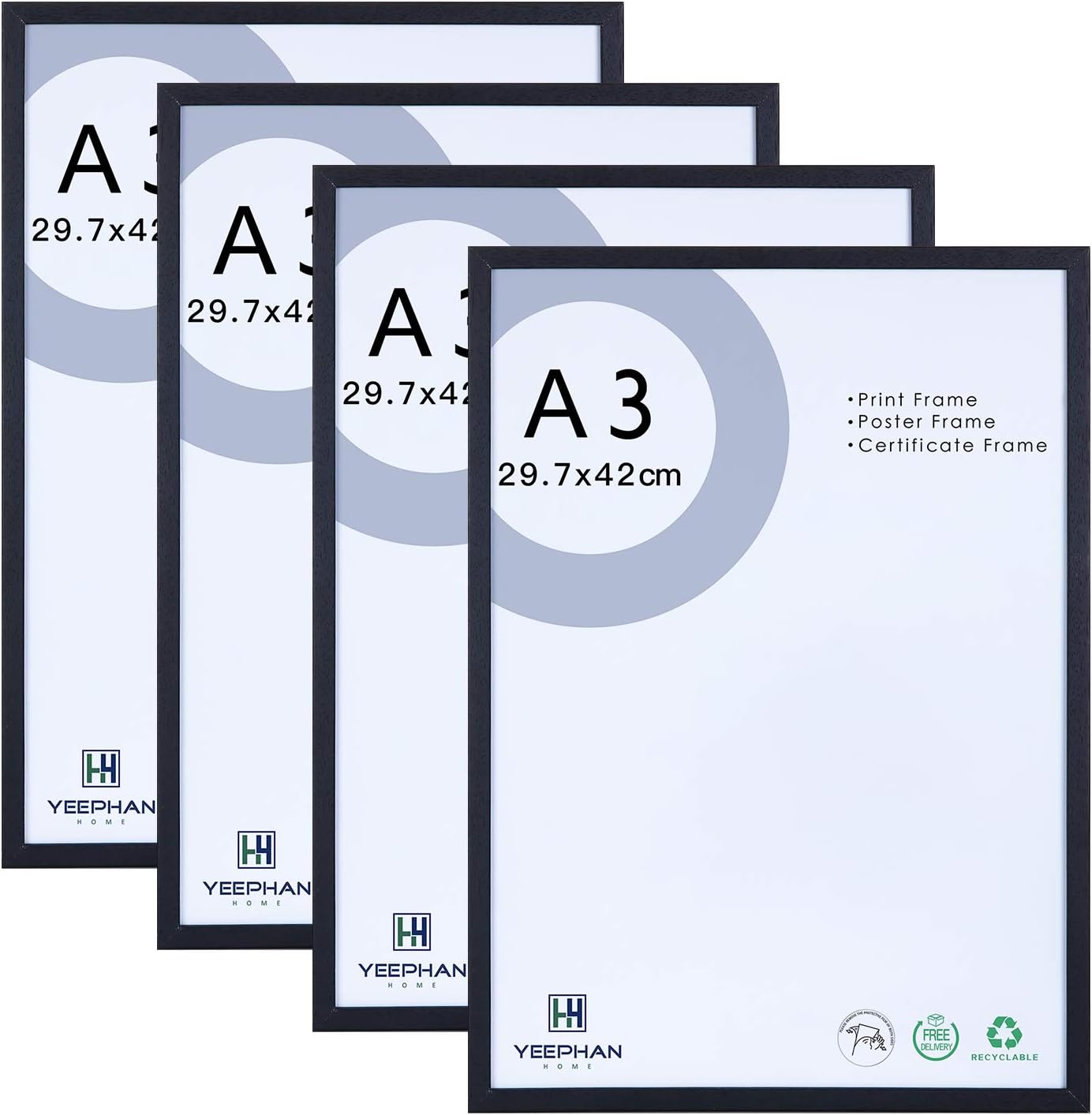 A3 Photo Frames Black Set of 4-29.7x42cm Solid Wood Picture Frames with Plexi-gl...