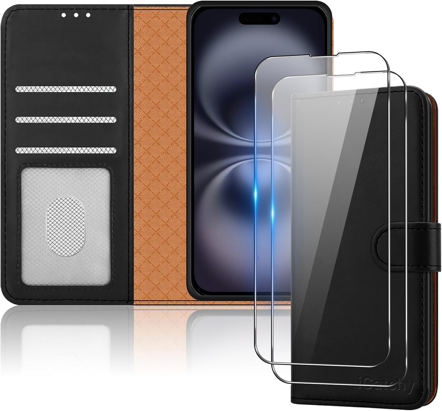 iCatchy for iPhone 16 Case 6.1 Inch with 2x Screen Protector Tempered Glass Leat...